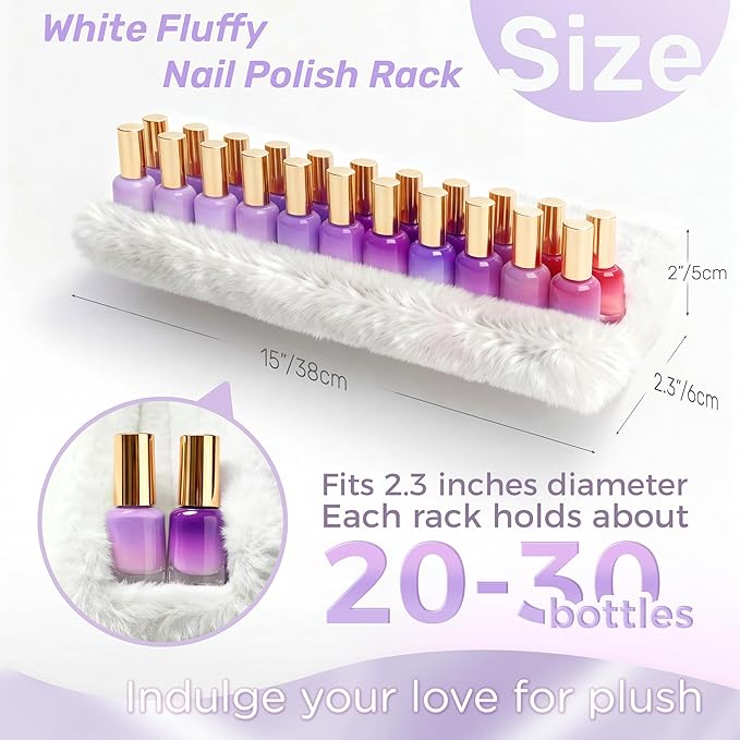 Care&More YJ 15 Inch Nail Polish Shelves, 4-Pack Fluffy Nail Polish Rack for Storing Nail Bottles, Sunglasses, Essential Oils, Plush Soft White