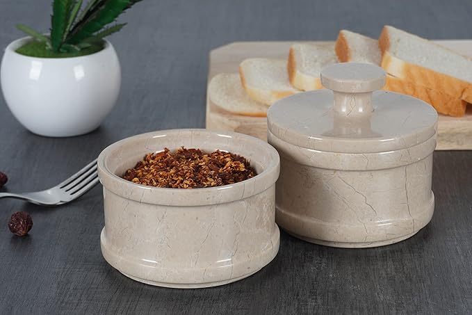 Radicaln Handmade Marble Brown 5” Dual Salt Cellar & Brown Sugar Keeper – 2” Each Herb Jar Salt Dish Kitchen Accesorries – Ideal For Jewelry, Butter, Sugar & Home Décor