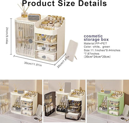 DASITON Makeup Organizer for Vanity,Large Capacity Makeup Storage Organizer with 3-Layer Drawers and Mirror,Cosmetics Display Case Make up Organizers for Vanity,Bedroom,Countertop(Clear-Cream)