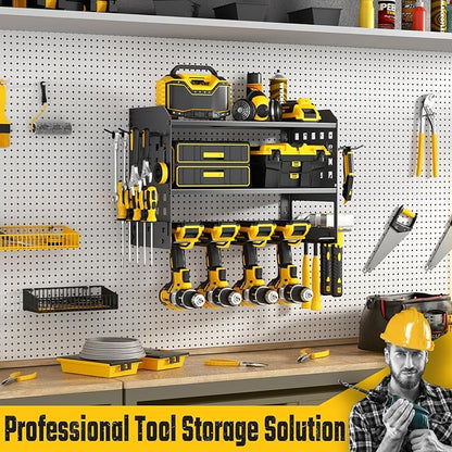 SUNALLY Power Tool Organizer, Heavy Duty Wall Mount Tool Organizer 3 Layers with 4 Drill Holders, Garage Tools Storage Rack with 2 Side Pegboards and Hooks for Workshop, Shed, Black