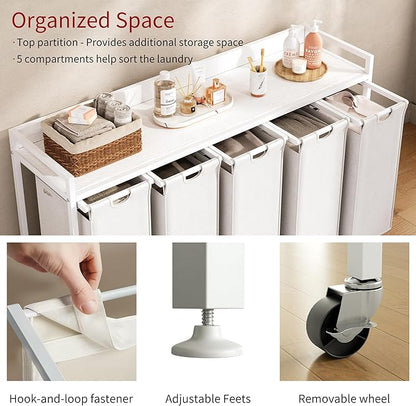 Herture Laundry Hamper with Shelf, Laundry Basket 5 Section, Laundry Sorter with Pull-Out Removable Large Bags and Movable Wheels, Metal Frame, 5 x 15.87 Gallons (60L), White PF08XLW