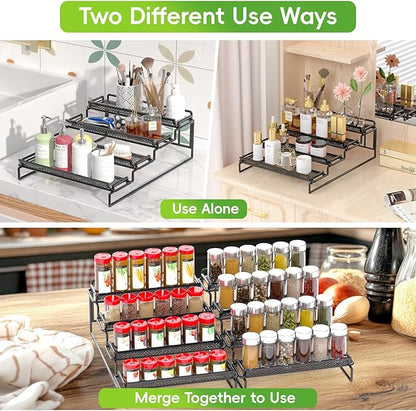 4 Tier Spice Rack Organizer for Cabinet, Black (2 PCS S&L) Seasoning Organizer Rack for Inside Cabinets, Countertop, Pantry Storage