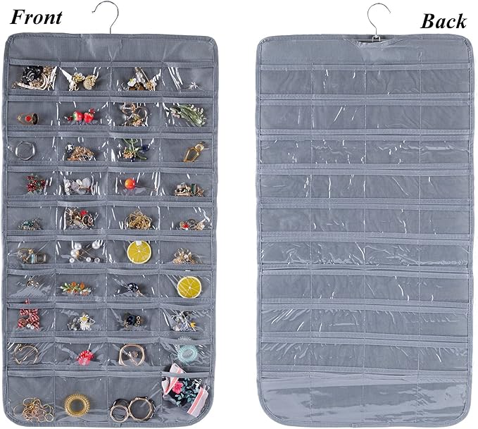 Bloss Hanging Jewelry Organizer, Earring Organizer Double Sided 80 Pocket Jewelry Chain Storage Bag 2 Layer of Fabric Jewelry Holder for Necklace Bracelet - Gray