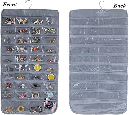 Bloss Hanging Jewelry Organizer, Earring Organizer Double Sided 80 Pocket Jewelry Chain Storage Bag 2 Layer of Fabric Jewelry Holder for Necklace Bracelet - Gray