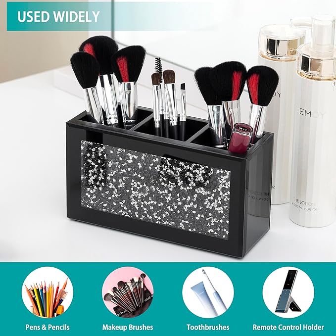 SHYFOY Black Makeup Brush Holder Organizer, 3 Slots Glass Cosmetic Brushes Storage with Crushed Diamond, Pencil Pen Holder for Desk, Desk Organizer and Accessories for Vanity