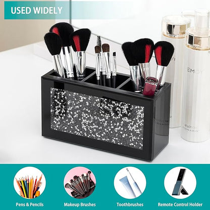 SHYFOY Black Makeup Brush Holder Organizer, 3 Slots Glass Cosmetic Brushes Storage with Crushed Diamond, Pencil Pen Holder for Desk, Desk Organizer and Accessories for Vanity