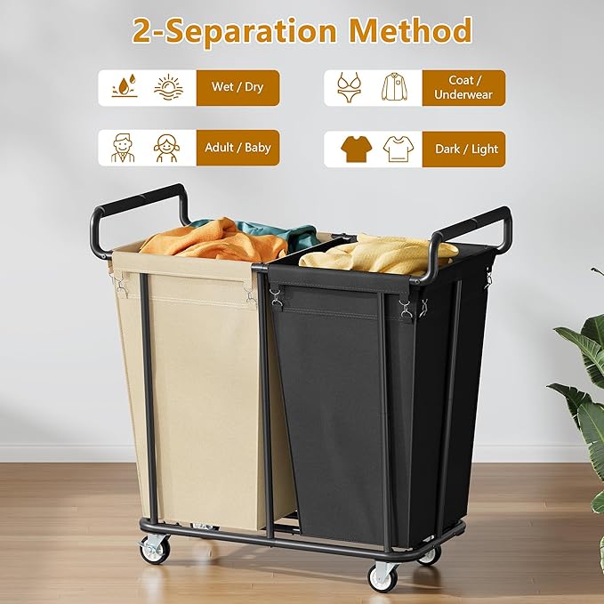 Gewudraw Large Laundry Hamper with Wheels, 2 Bag 360L Big Rolling Laundry Basket Sorter Cart, Extra Large Clothes Hamper, Heavy Duty Laundry Basket Organizer for Laundry Room, Bathroom