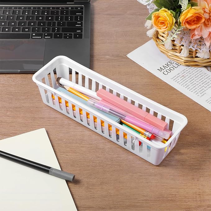 12 Pack Slim Plastic Storage Baskets Tray for Organizing 10.23 X 2.36 X2.28 Inch Stackable Small Narrow Storage Bins White Pencil Organizer Basket for Classroom Office Desk Garage Cabinet Containers