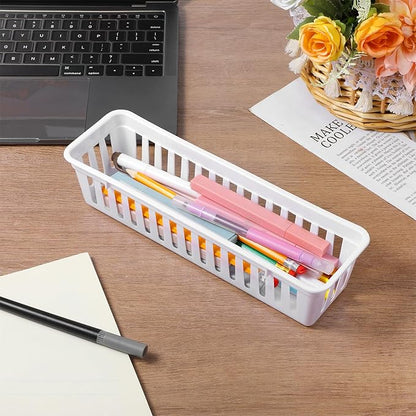 12 Pack Slim Plastic Storage Baskets Tray for Organizing 10.23 X 2.36 X2.28 Inch Stackable Small Narrow Storage Bins White Pencil Organizer Basket for Classroom Office Desk Garage Cabinet Containers