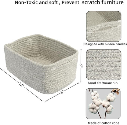 XUANGUO Small Woven Storage Baskets 12“X8”X5“ Decorative Rope Bins for Organizing Shelves, Closets, and Toys, Empty Gift Baskets, Cute Organizer Basket for Home and Office (grey, regular)