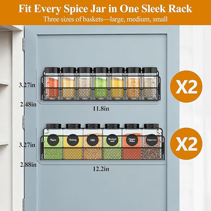 Wall Mounted Spice Rack Organizer, Pantry Door Organizer & Hanging Storage Baskets, Metal Spice Shelf for Kitchen Cabinet, 2 Depth Sizes Hold Large Jars to Nail Polish Bottles, 4 Pack