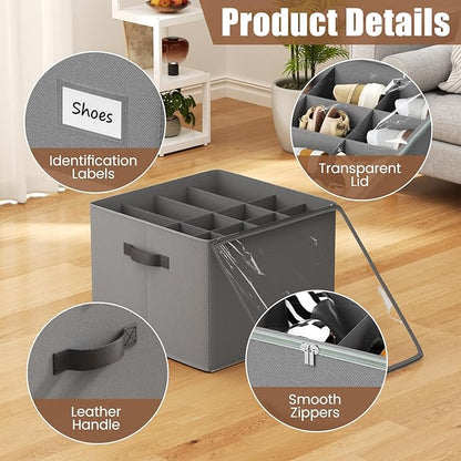 PHINOX Shoe Organizer for Closet, 2 Pack Fabric Shoe Organizer Storage Box, Shoe Storage Containers with Clear Cover, Closet Shoe Storage for Boots Sandals Slippers,Fits 16-32 Pairs, Gray
