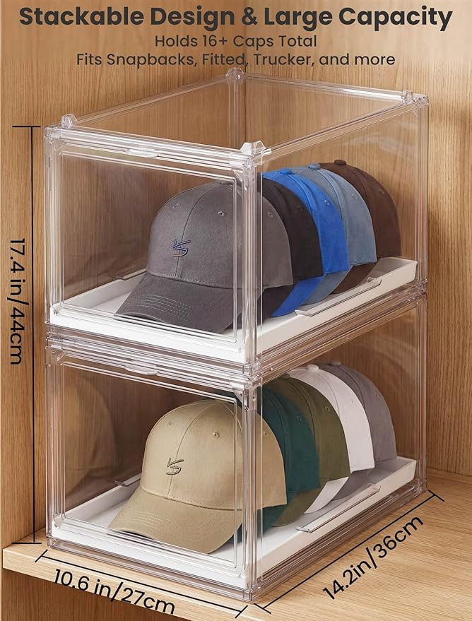 OKPOW Hat Organizer for Baseball Caps: 2 Pack Stackable Clear Display Box with Slide Drawer & Magnetic Door – Holds up to 16 Caps, Dust-Free, Tool-Free Assembly