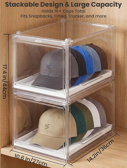 OKPOW Hat Organizer for Baseball Caps: 2 Pack Stackable Clear Display Box with Slide Drawer & Magnetic Door – Holds up to 16 Caps, Dust-Free, Tool-Free Assembly