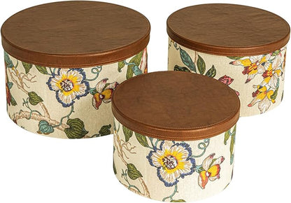Household Essentials Floral Nestable Hat Boxes with Faux Leather Lids, Multicolor, Set of 3