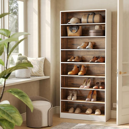 LITTLE TREE 9-Tier Shoe Cabinet, 32 Pairs Wooden Shoes Cabinet with Adjustable Shelves, 70.9" Tall Shoe Cabinet, Freestanding Modern Shoe Rack Organizer For Living Room Bedroom Entryway, Brown & White
