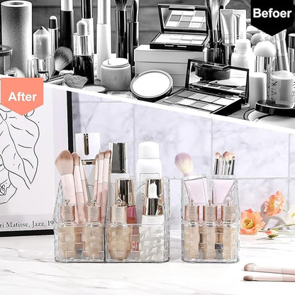 DASITON Makeup Brush Holder Organizer, 4 Slots Acrylic Makeup Brushes Storage Cup, Woven Texture Make Up Brush Holder for Vanity Bathroom Office, Pen Holder for Desk, Cosmetic Display Cases (Clear L)
