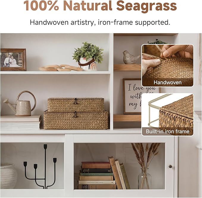 StorageWorks Wicker Basket with Lid, Flat Wicker Storage Bins with Lids, Large Storage Basket with Lid, Seagrass Baskets for Shelves, Woven Baskets with Lids, Decorative Box