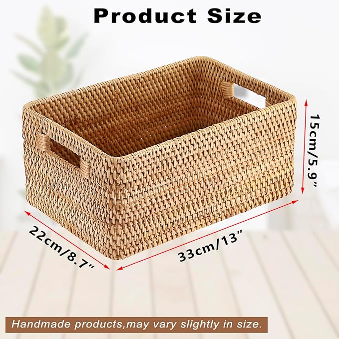 Hipiwe Handwoven Rattan Basket Wicker Storage Basket Box with Build-in Handles Natural Open Storage Bin for Shelf Bathroom Living Room Kitchen, 13" x 8.7" x 5.9"