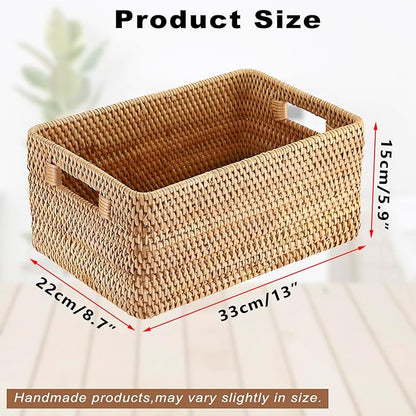 Hipiwe Handwoven Rattan Basket Wicker Storage Basket Box with Build-in Handles Natural Open Storage Bin for Shelf Bathroom Living Room Kitchen, 13" x 8.7" x 5.9"