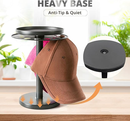 kondyfayo 360° Rotating Hat Organizer for Baseball Caps, Stainless Steel Hat Rack Holder with Top Storage Tray for Small Essentials, Ball Cap Storage Organizer for Closet, Entryway, Display (M-Black)