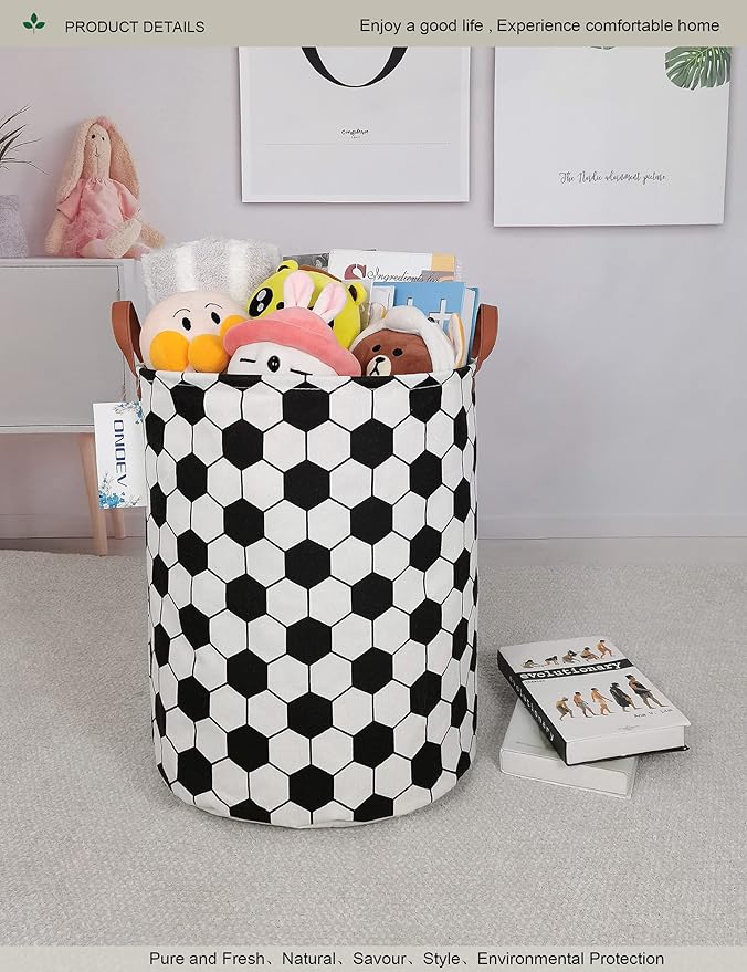 Round Soccer Ball Laundry Basket,Collapsible Laundry Hamper for Boys,Classic Football Print Storage Bin,Waterproof Toy Storage for Kids Room,Nursery,Playroom,New Parent Gift(Hexagon Football)