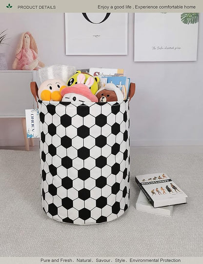 Round Soccer Ball Laundry Basket,Collapsible Laundry Hamper for Boys,Classic Football Print Storage Bin,Waterproof Toy Storage for Kids Room,Nursery,Playroom,New Parent Gift(Hexagon Football)