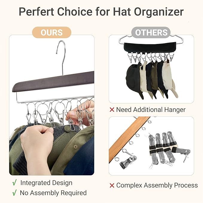 Mkono Hat Hangers for Closet Set of 2 Wooden Hat Organizer Racks for Baseball Caps with 20 Stainless Steel Clips, Baseball Hat Holder for Closet Storage, Fits All Caps, Walnut Color