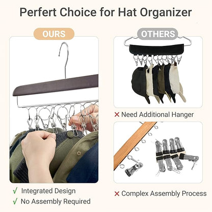 Mkono Hat Hangers for Closet Set of 2 Wooden Hat Organizer Racks for Baseball Caps with 20 Stainless Steel Clips, Baseball Hat Holder for Closet Storage, Fits All Caps, Walnut Color