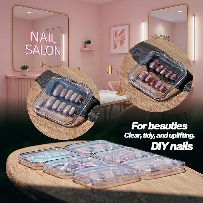 12 Pcs Press On Nail Packaging Storage Case,3x3in Clear Plastic Nail Tips Organizer Box with 30 Adhesive Glue Tabs for Fake Nail Art Display,Bulk Press Ons Container for Salon Business & Home Use