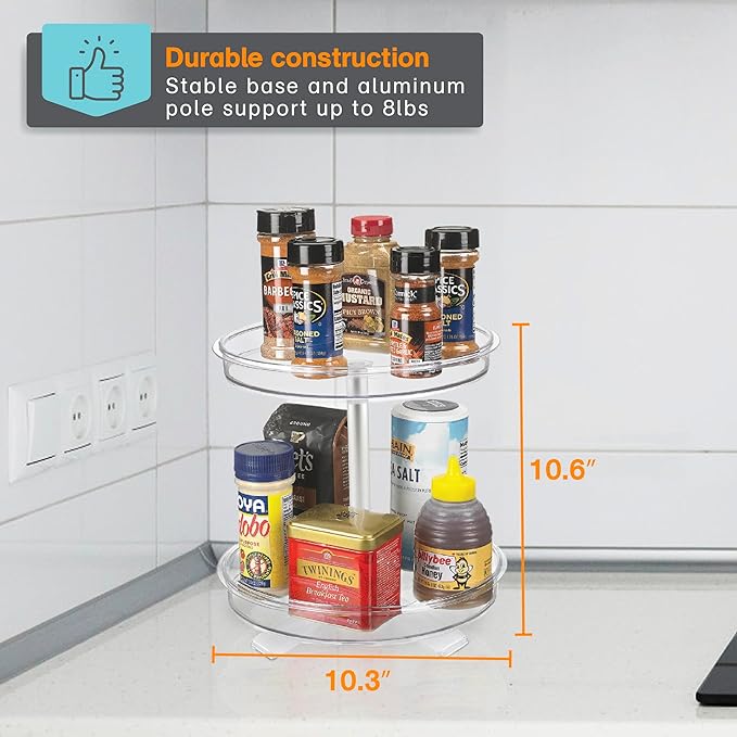 Polder 2-Tier Spinner Caddy, Kitchen and Bathroom Organization and Storage, with Dual Rotating Tables Lazy Susan, 8 lbs. Load Capacity, 10.6" x 10.3"