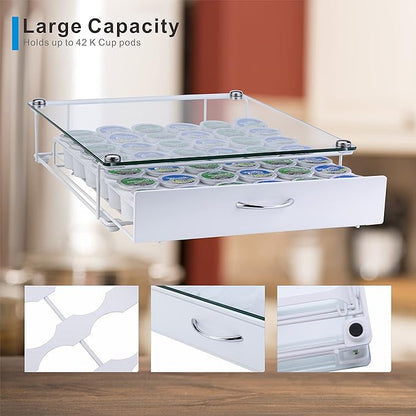 K Cup Pod Holde Glass Top Drawer,Coffee Pod Holder Capsule Display Storage compatibility 42 k-cup(white)