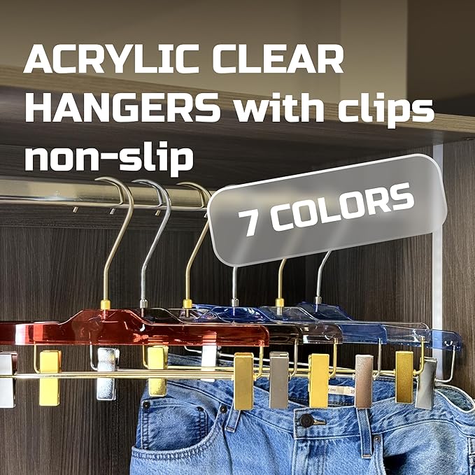 Acrylic Clip-Hangers Black for Pants, Skirts and Shorts with 360 Degree Silver/Golden Hook | Space Saving & Non-Slip | 5 Pack