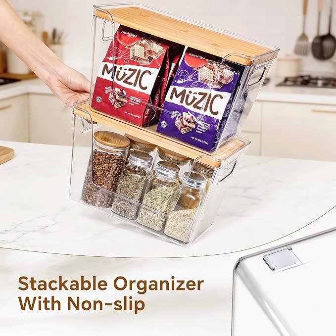 Criusia 2 Large and 2 Small Pantry Organizers and Storage with Bamboo Lids, Stackable Clear Bins for Onion, Potato, Fruit, Vegetables, Trash Bag Dispenser, Kitchen and Under Sink Organizer