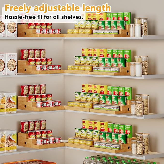 2-Pack Expandable Bamboo Can Rack Organizer for Pantry Display, 3-Tier Adjustable Can Storage Holder, Soda & Canned Food Organizer for Cabinets & Countertops, Holds Up to 48 Cans (Patent Pending)