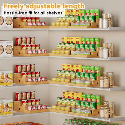 2-Pack Expandable Bamboo Can Rack Organizer for Pantry Display, 3-Tier Adjustable Can Storage Holder, Soda & Canned Food Organizer for Cabinets & Countertops, Holds Up to 48 Cans (Patent Pending)