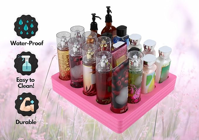Polar Whale Lotion and Body Spray Stand Organizer Large Tray Pink Durable Foam Washable Waterproof Insert for Home Bathroom Bedroom Office 12.3 x 11.75 x 2 Inches 20 Slots