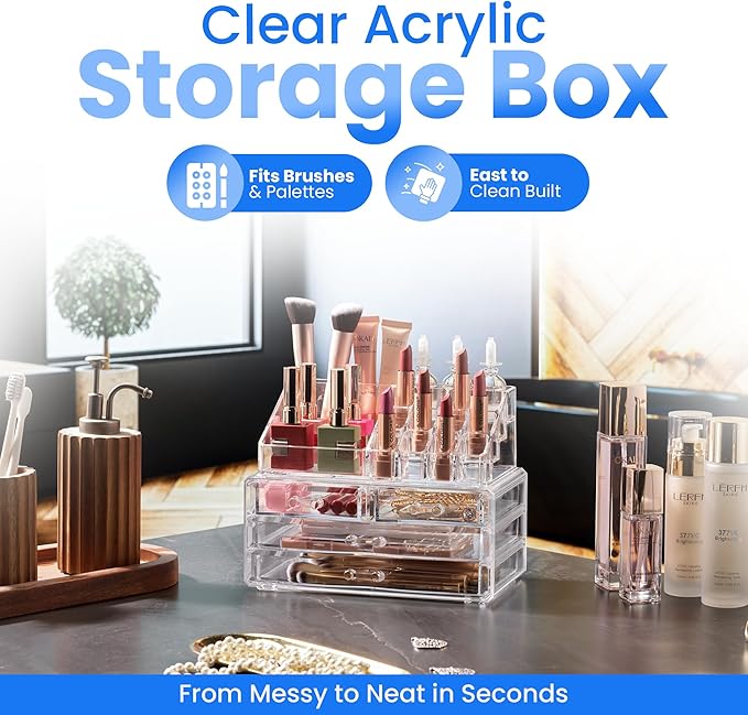 Masirs Clear Makeup Organizer - 16-Compartment Cosmetic and Jewelry Holder with 4 Drawers - Vanity Storage Box for Makeup, Skincare, Accessories, and Jewelry Display