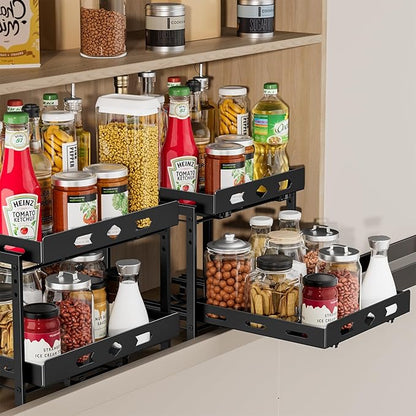BOIVSHI Pull Out Spice Rack Organizer for Cabinet, 2 Tier Cabinet Spice Rack Organizer, Height Adjustable Vertical Spice Rack for Kitchen Cabinet (11.9''Wx10.8''Dx9.2''H, Metal Black)