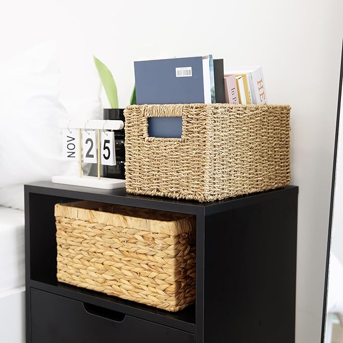 HOMESTEAD 2-Pack Rectangular Seagrass Storage Baskets with Built-In Handles, Handwoven Wicker Baskets for Pantry, Shelf, Closet & Bathroom Organization, 13.25 x 8.25 x 7.25 in