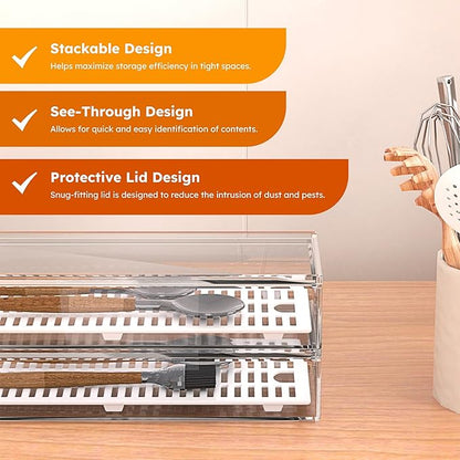 2 Pack Clear Silverware organizer with lid, Plastic Flatware Storage Box, Kitchen Drawer Organizer tray, Cutlery Utensil Holder