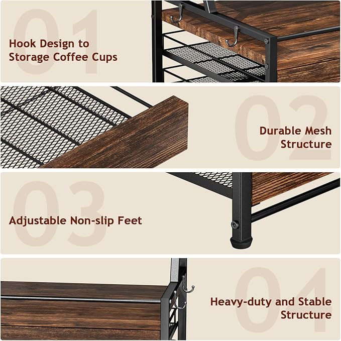 Homsorout Coffee Syrup Rack Organizer - 4-Tier 8 Syrup Wine Bottles Stand with 82 Storage Drawer for K Cups, Coffee Pod Holder for Countertop, Bar Station, Kitchen, Rustic Brown