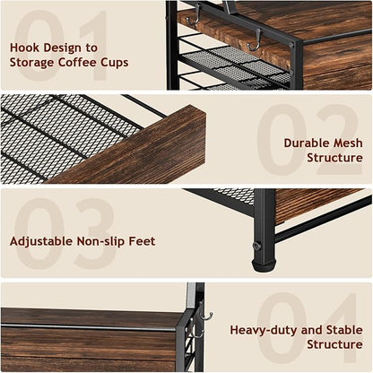 Homsorout Coffee Syrup Rack Organizer - 4-Tier 8 Syrup Wine Bottles Stand with 82 Storage Drawer for K Cups, Coffee Pod Holder for Countertop, Bar Station, Kitchen, Rustic Brown