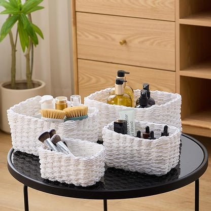 4PCS Woven Storage Baskets Set, Small Baskets for Organizing, Square Handwoven Paper Rope Organizer Bins for Shelves and Home Storage (White)