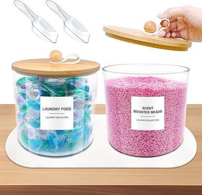 2 Pack Laundry Pods Container,Laundry Room Organization and Storage Jars,Laundry Detergent Container for Powder,Pods,Scent Booster,with Non-Slip PU Leather Pad and Handle,Bamboo Lids,Labels and Scoops