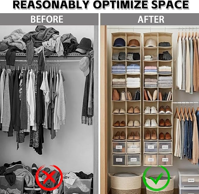Hanging Shoe Organizer for Closet, 20 Sections Hanging Closet Organizers and Storage Shelves, Space Saving Shoe Storage Rack Holder, Beige, 12''W×12''Dx 50''H