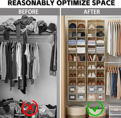 Hanging Shoe Organizer for Closet, 20 Sections Hanging Closet Organizers and Storage Shelves, Space Saving Shoe Storage Rack Holder, Beige, 12''W×12''Dx 50''H