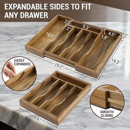 MyGift Expandable Premium Acacia Wood Kitchen Drawer Organizer – Adjustable Flatware, Silverware, Cutlery and Utensil Storage Tray for Kitchen Drawers