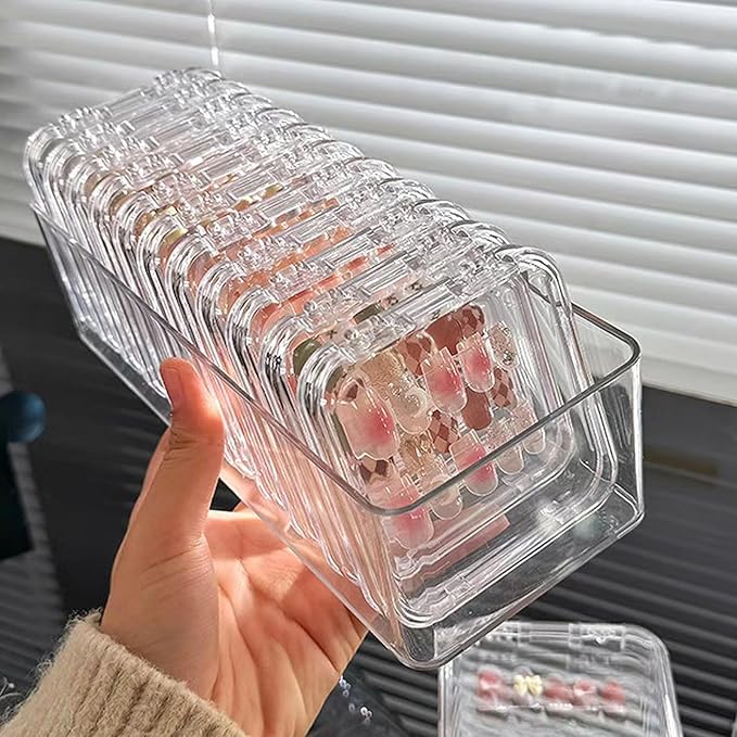 13 Pcs Clear Press On Nail Storage Box with Container, False Nail Case Organizer Press On Nail Packaging Box Nail Display Case with Double Sided Tape for Nail Art Home Salon Nail Business Supplies