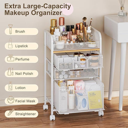 Hongtamoya Makeup Organizer Cart with Drawers, Floor Skincare Organizers Make Up Organizers Vanity Organizer Cosmetic Display Cases Holder for Skin Care Perfume Nail Polish Brush Hair Tool, White